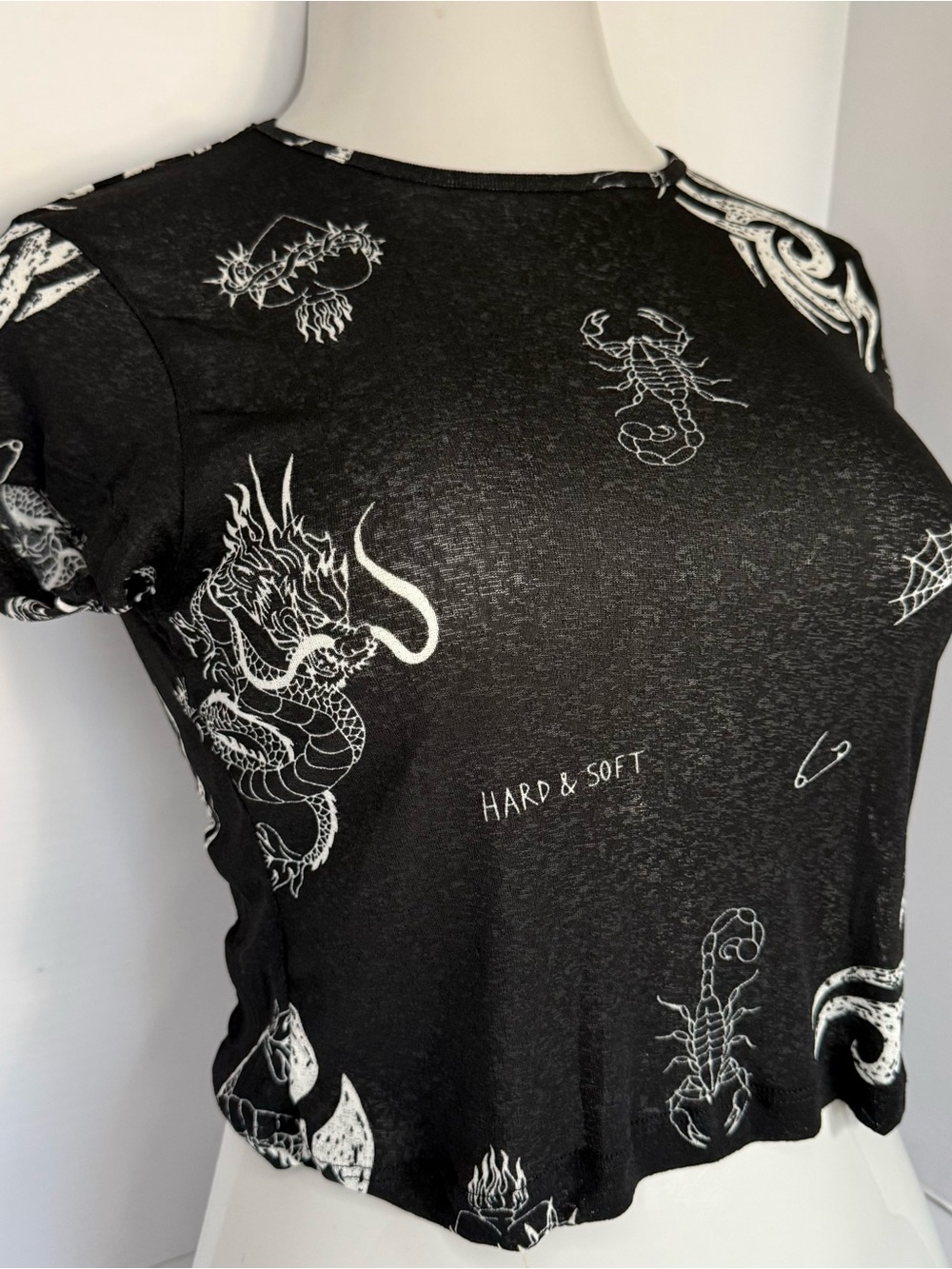 Complot Black Graphic Crop Tee with White Tattoo Motifs
